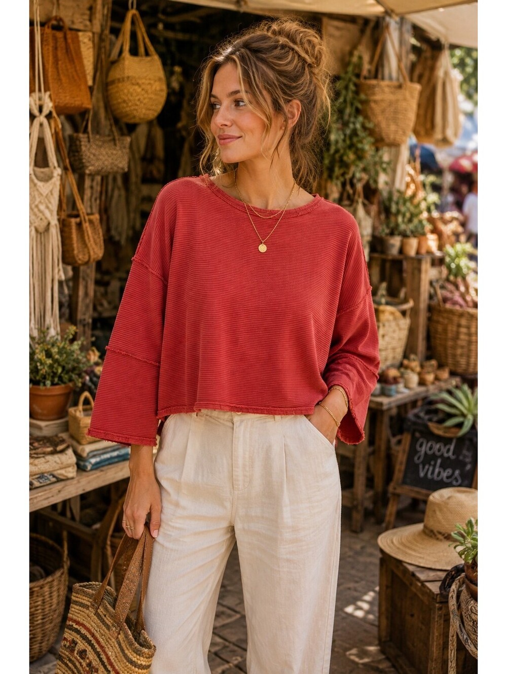 Free People We The Free XS Red Distressed Ribbed Oversized Crop Sweatshirt
